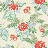 Our Lanai wallpaper is inspired by the rich tradition and exuberant patterns of Hawaiian shirts, with a twist. Highly durable, fade resistant, and made in the USA. This wallpaper features red flowers with green and blue leaves on a cream background and was created in collaboration with The Aesthetics of Joy.