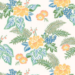 Our Lanai wallpaper is inspired by the rich tradition and exuberant patterns of Hawaiian shirts, with a twist. Highly durable, fade resistant, and made in the USA. This wallpaper features yellow flowers with green and blue leaves on a white background and was created in collaboration with The Aesthetics of Joy.