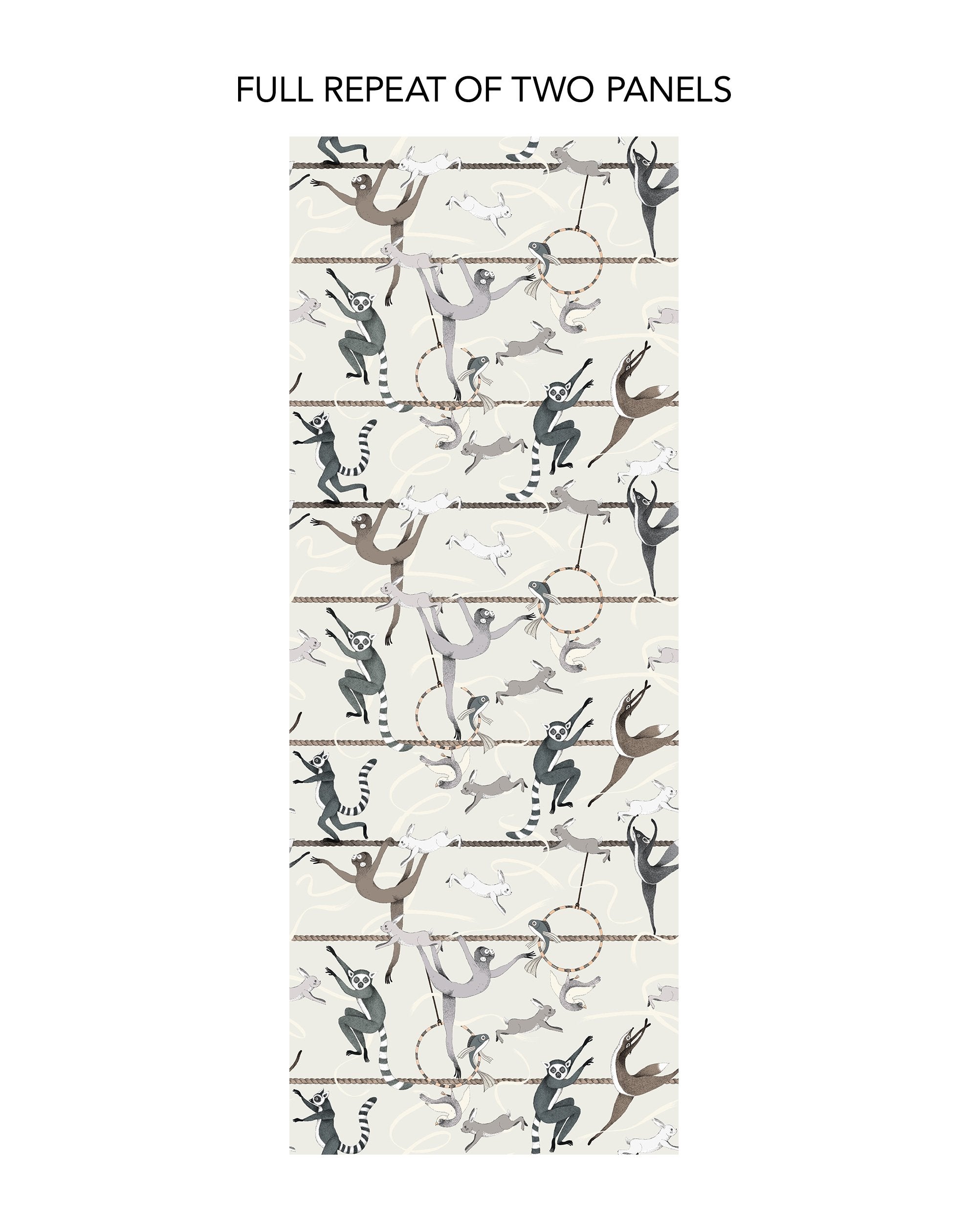 Balancing Act (Cream) wallpaper features colorful dancing monkeys and rabbits on a cream background