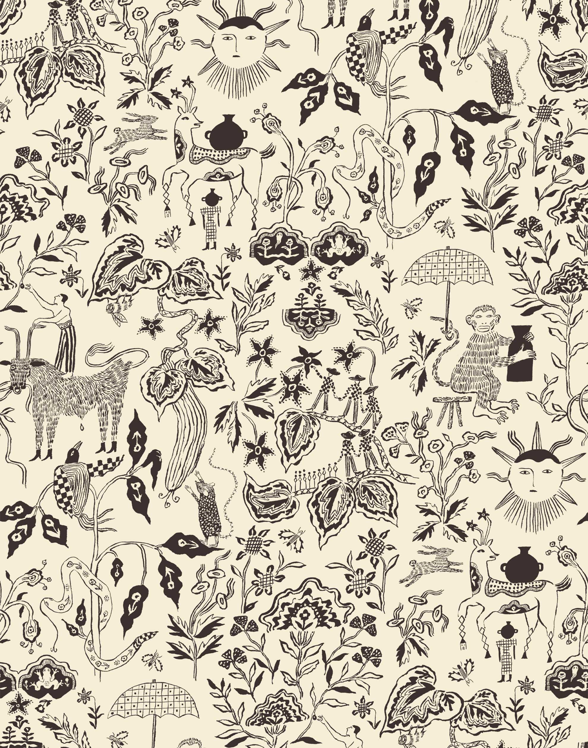 Clouds to Cry (Parchment) features hand-drawn animals in a garden scene. Black illustration on a parchment cream ground.