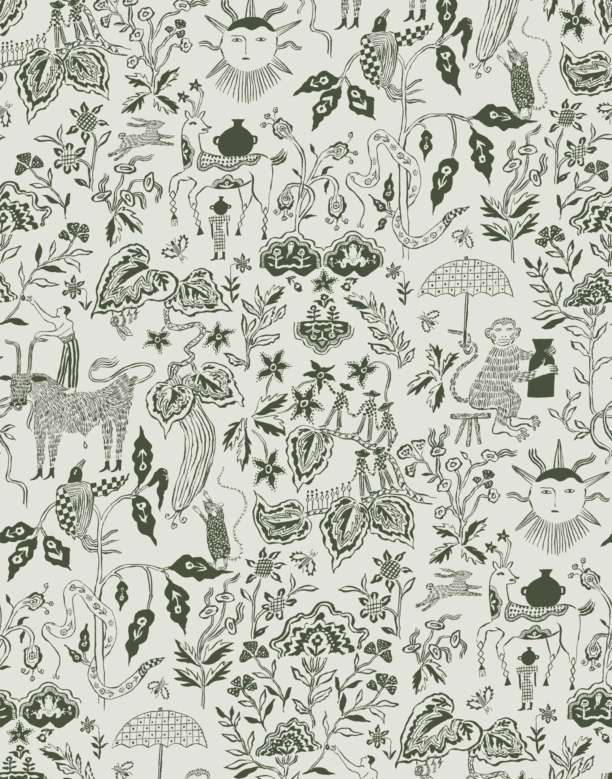 Clouds to Cry (Fern) features hand-drawn animals in a garden scene. Fern green illustration on a soft gray ground.