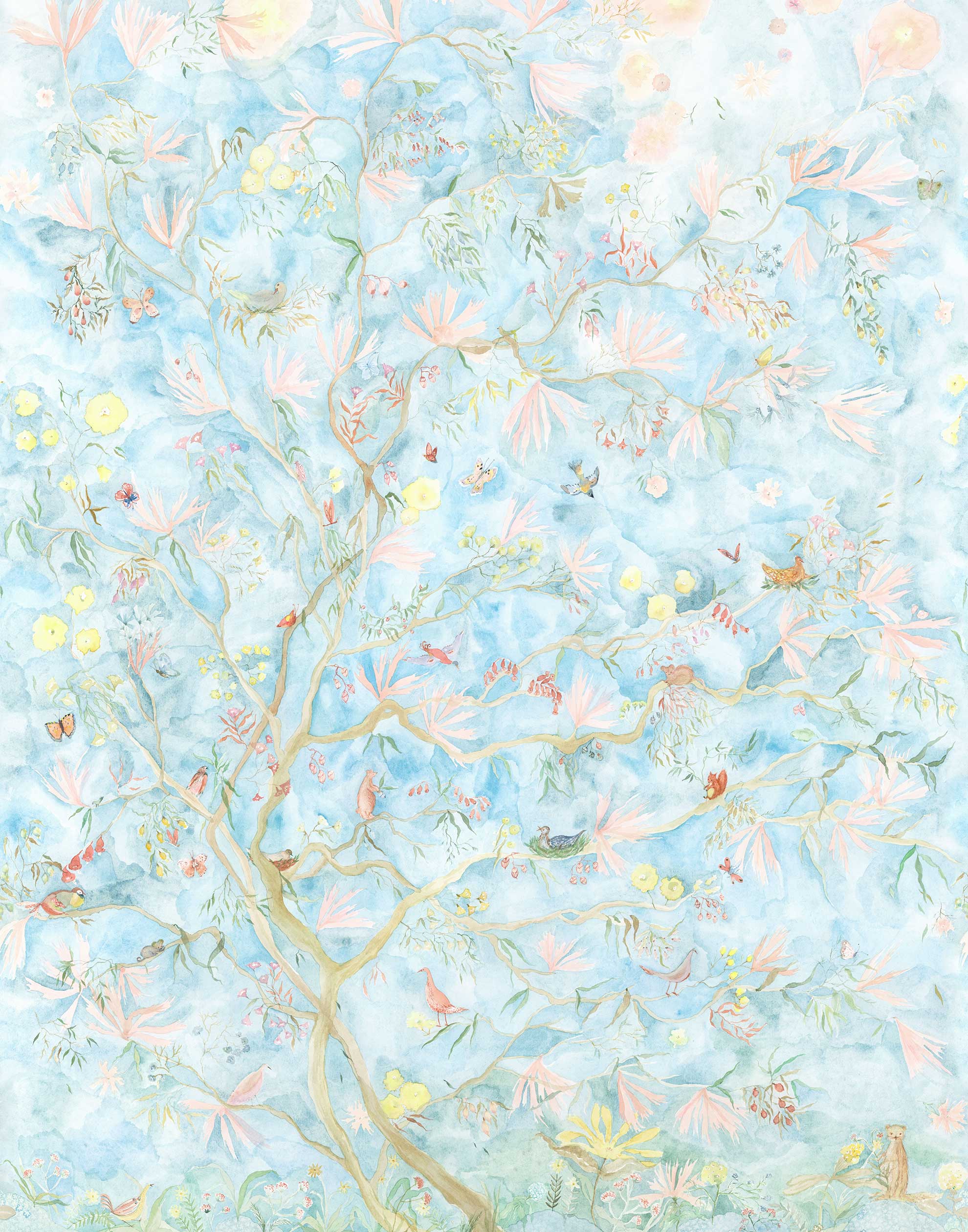 Watercolored birds, butterflies and tree sprites flutter about in an orchard of trees in our Tree Sprites mural. Yellow, pink, peach, and green on a soft blue background. Hillery Sproat + Hygge & West