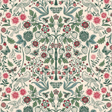 Nora (Blush) wallpaper features a garden of bees, birds, strawberries, and flowers in green, blue and red on a pink background.