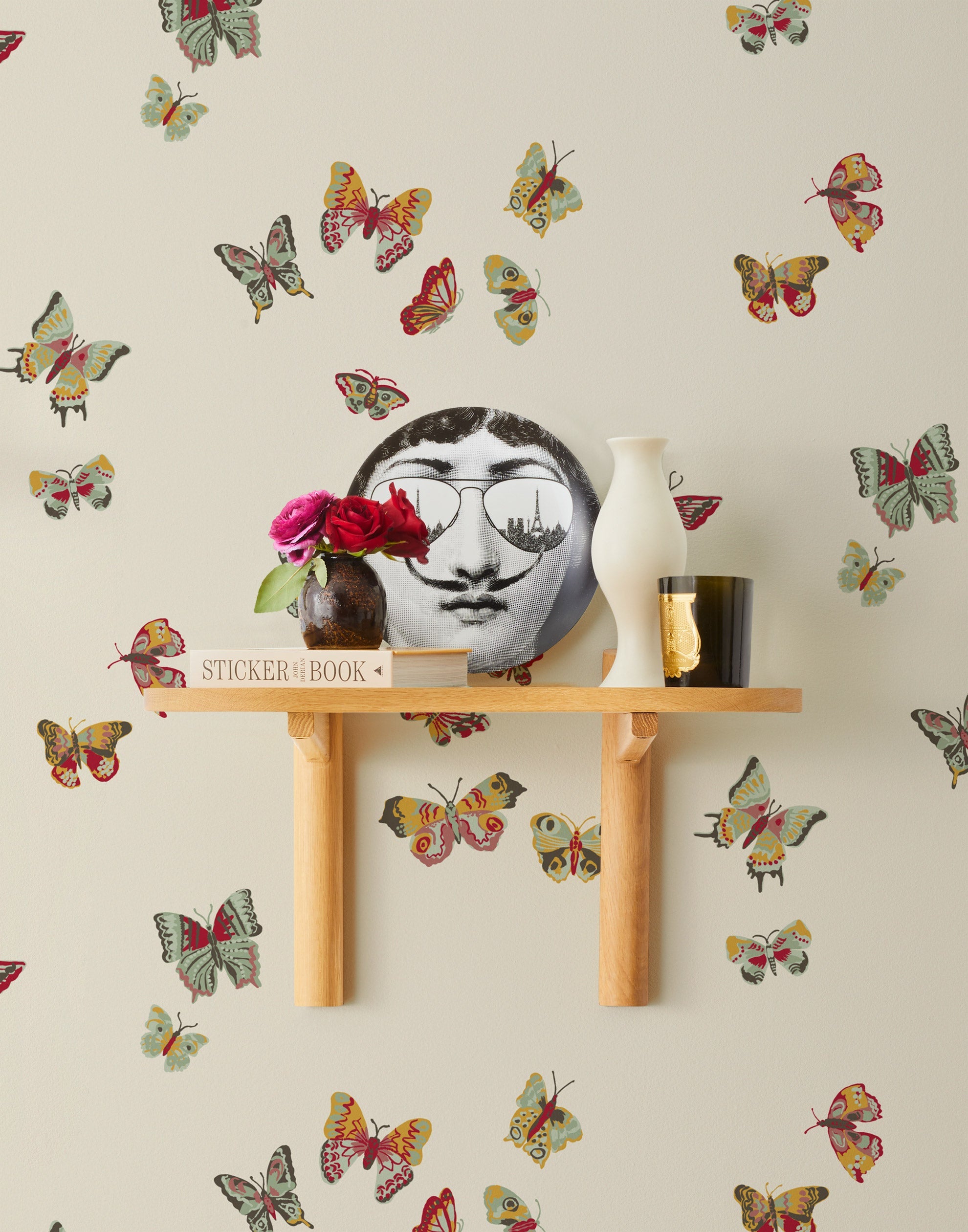 Butterflies (Parchment) featuring red, sage and mustard butterflies on a cream background | Nathalie Lete + Hygge & West