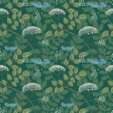 Featuring vibrant blossoms set against lush foliage, the elderberry plant is the inspiration for this wallpaper. Elder (Juniper) is printed with light blue and white flowers and green leaves on a green background.