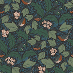 Robin (Ebony) features red-breasted robins hopping among leaves in shades of green and blue on a black backround.