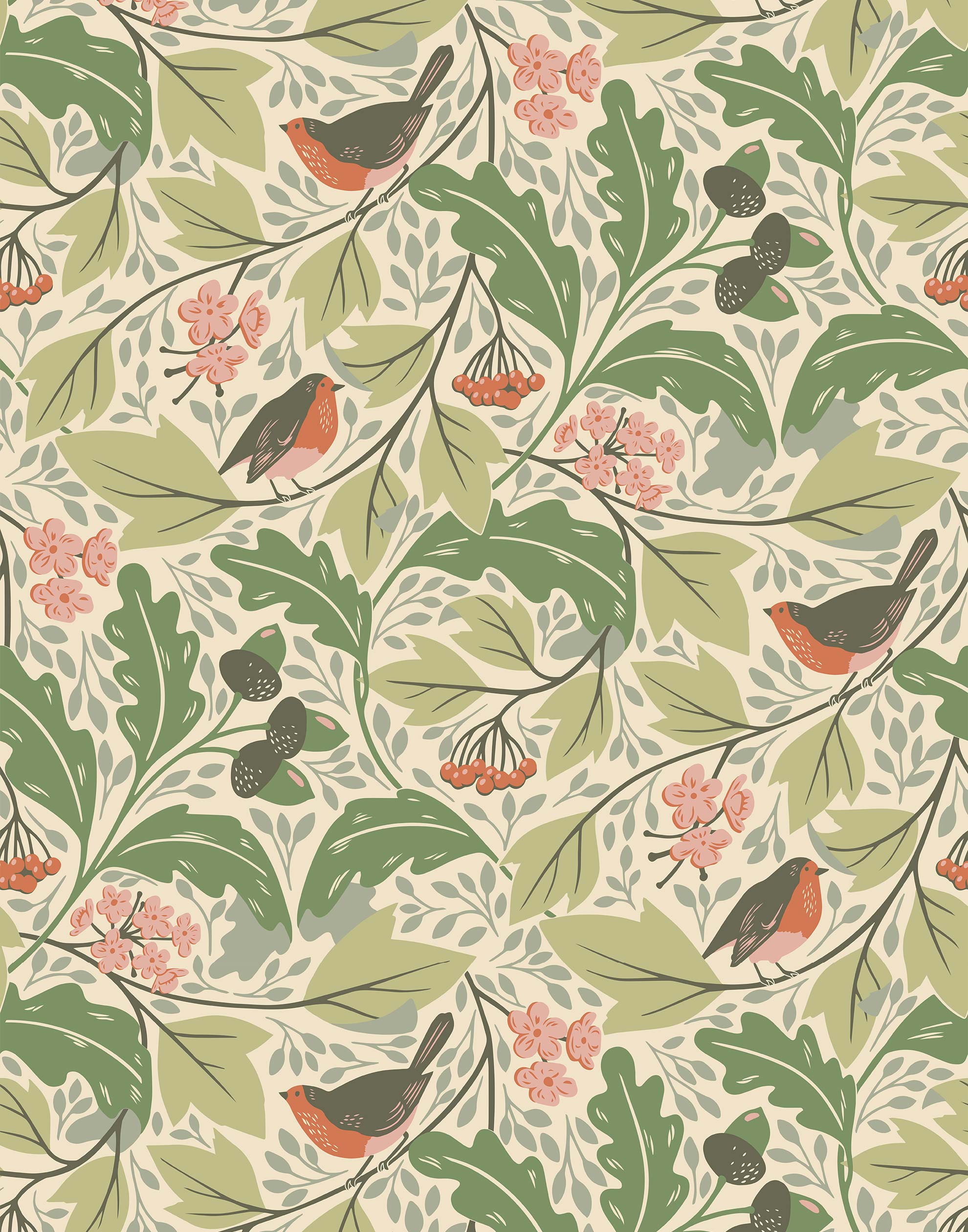 Robin (Parchment) features red-breasted robins hopping among leaves in shades of green on a cream backround.