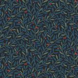 Olive Grove (Ebony) featuring a leafy vine motif in shades of green and blue with deep red accents on a black background | Schoolhouse x Hygge & West Wallpaper Collection