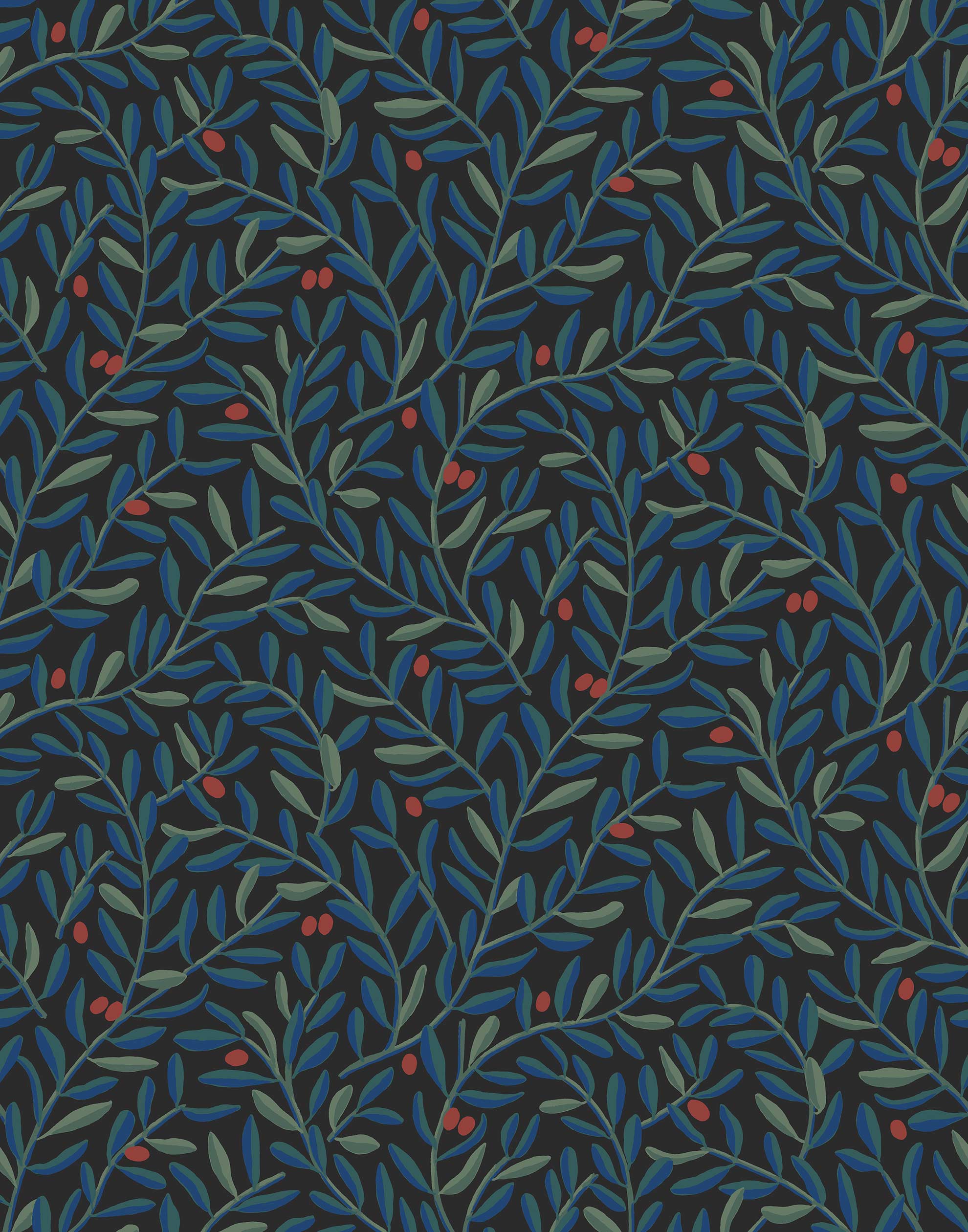 Olive Grove (Ebony) featuring a leafy vine motif in shades of green and blue with deep red accents on a black background | Schoolhouse x Hygge & West Wallpaper Collection