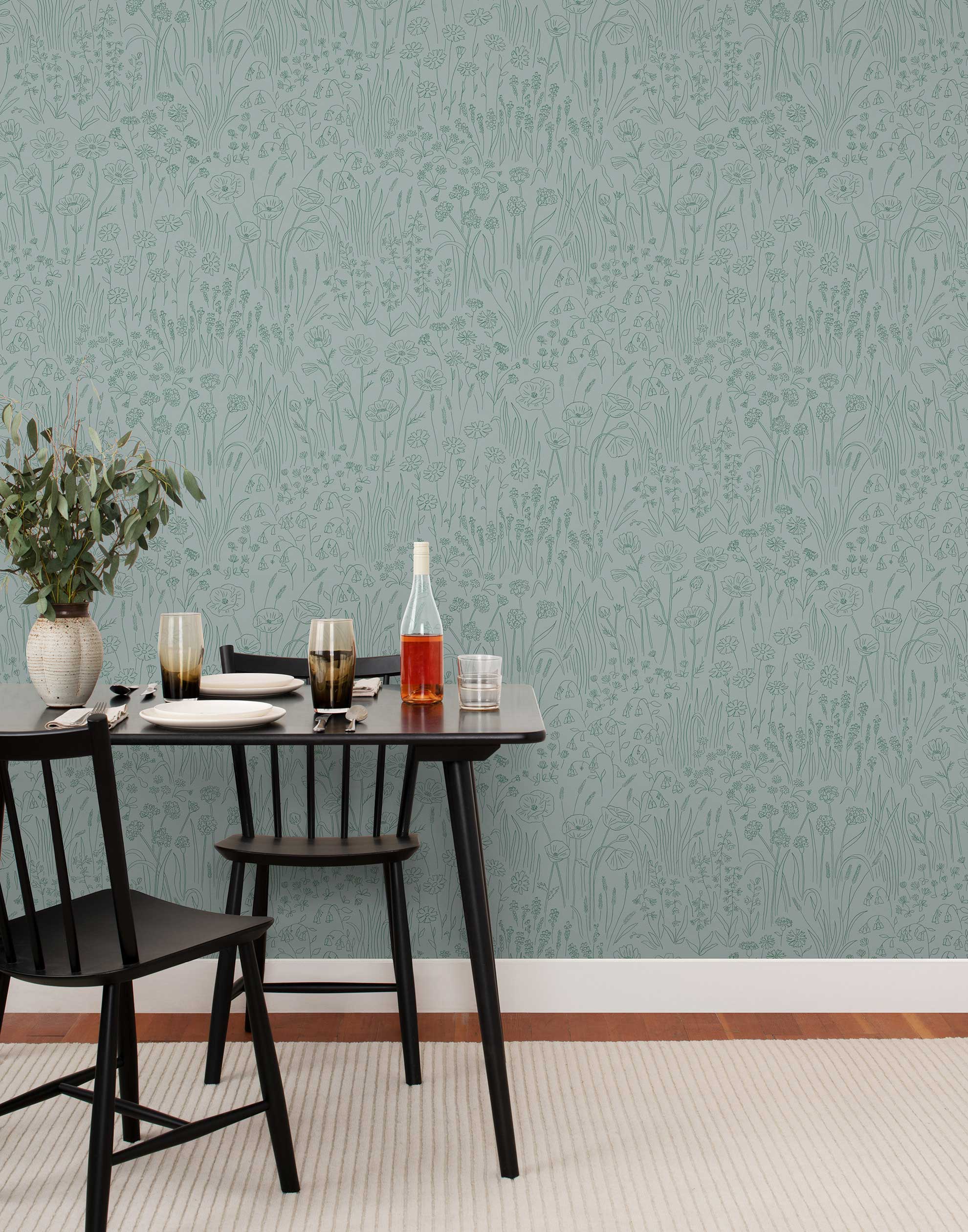 Alpine Garden Tonal (Mist) featuring hand drawn flowers in green on a dusty blue background | Schoolhouse x Hygge & West Wallpaper Collection