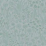 Alpine Garden Tonal (Mist) featuring hand drawn flowers in green on a dusty blue background | Schoolhouse x Hygge & West Wallpaper Collection