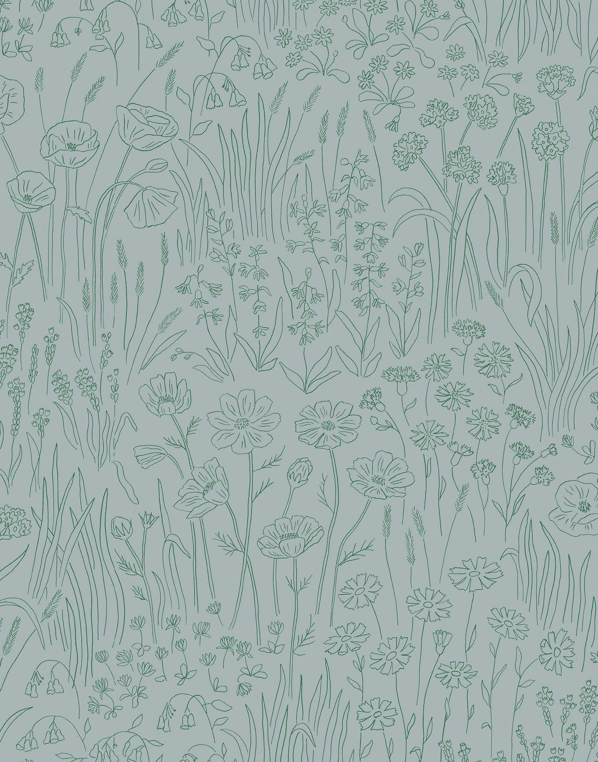 Alpine Garden Tonal (Mist) featuring hand drawn flowers in green on a dusty blue background | Schoolhouse x Hygge & West Wallpaper Collection