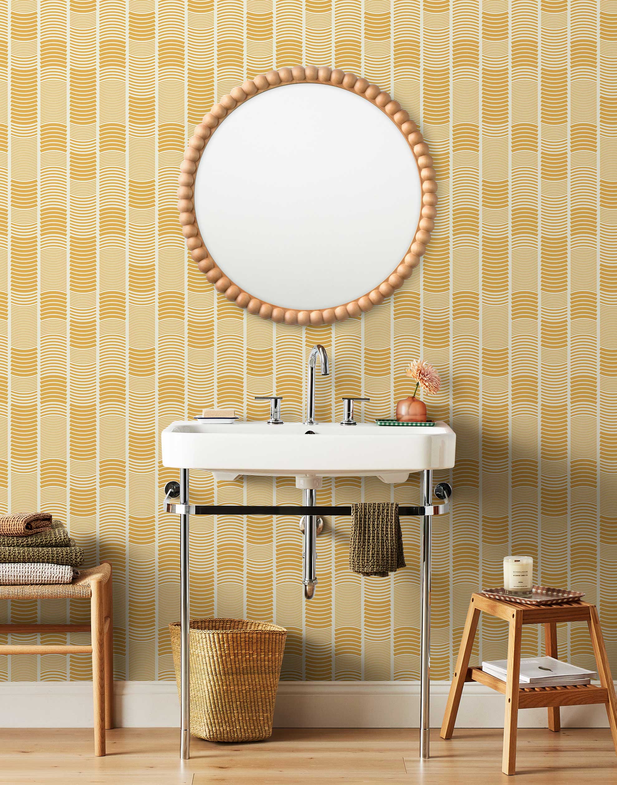 Wallpaper with undulating mustard yellow lines that form rhythmic columns on a white background | Schoolhouse + Hygge & West