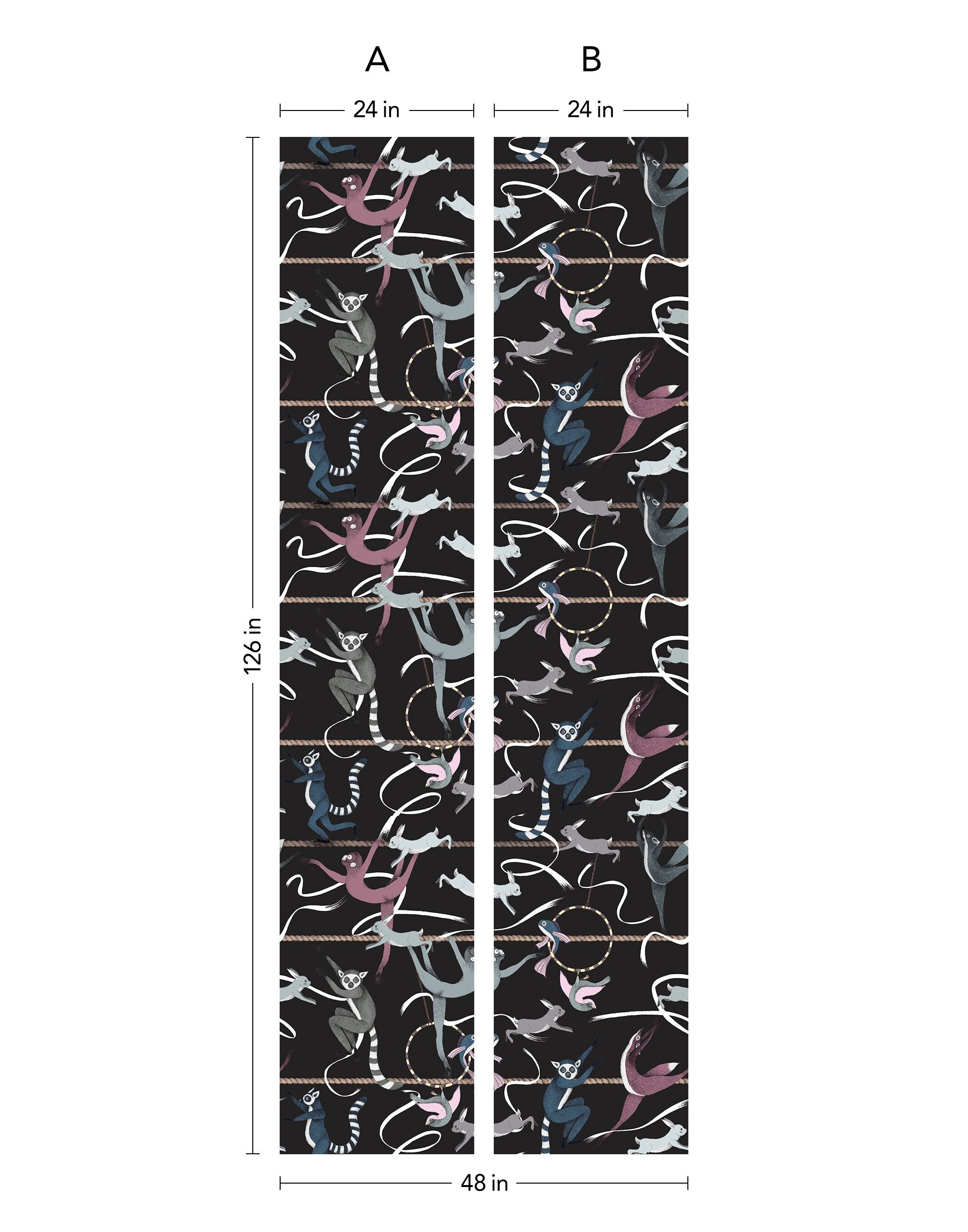 Balancing Act (Ebony) wallpaper features colorful dancing monkeys and rabbits on a black background