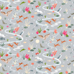 Space Owl (Gray) wallpaper features wildlife, fauna and a flowing river | light gray wallpaper with orange, white, brown, and green illustrations | designed by Vikki Chu
