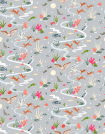 Space Owl (Gray) wallpaper features wildlife, fauna and a flowing river | light gray wallpaper with orange, white, brown, and green illustrations | designed by Vikki Chu