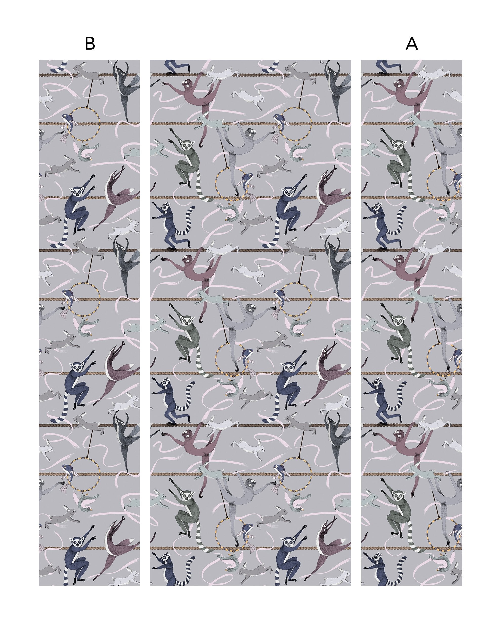 Balancing Act (Light Gray) wallpaper features colorful dancing monkeys and rabbits on a light gray background
