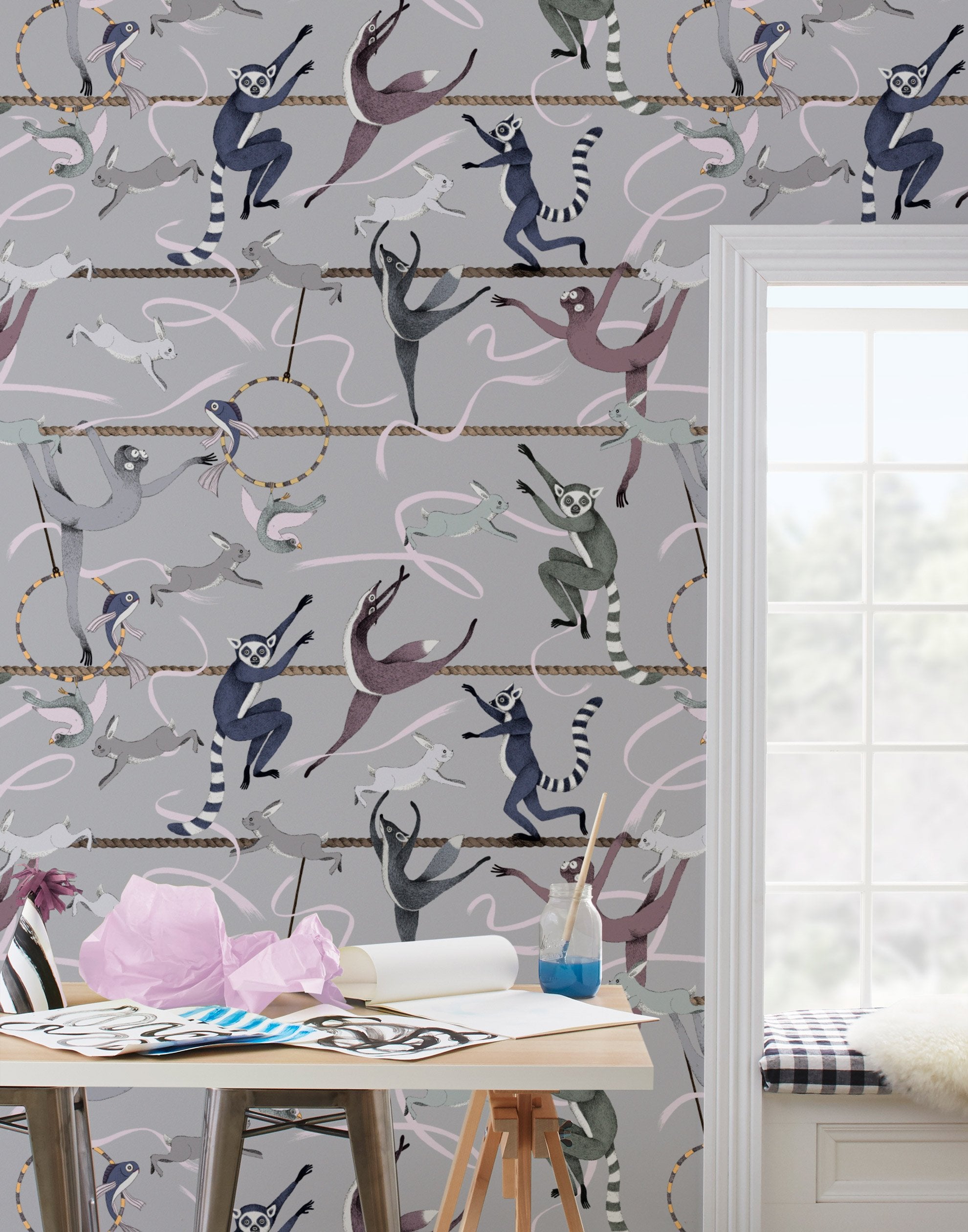 Balancing Act (Light Gray) wallpaper features colorful dancing monkeys and rabbits on a light gray background