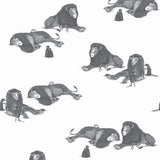 Mighty (Charcoal) wallpaper features gray lions and meerkats on a white background