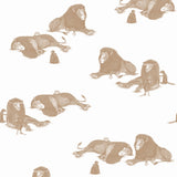 Mighty (Sand) wallpaper features brown lions and meerkats on a white background