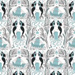 Mermaids (Ocean) wallpaper | Mermaids, fish, octopi and ships float in this charming design | turquoise and black artwork on an off white ground