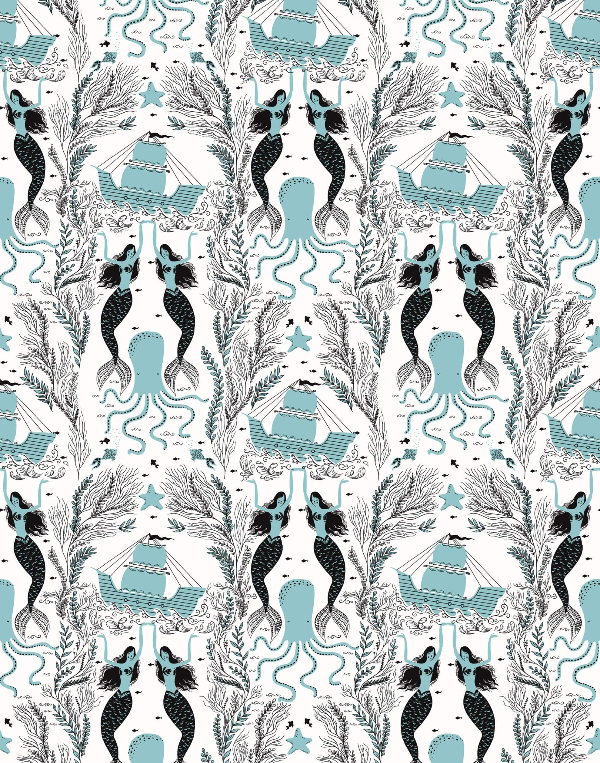 Mermaids (Ocean) wallpaper | Mermaids, fish, octopi and ships float in this charming design | turquoise and black artwork on an off white ground