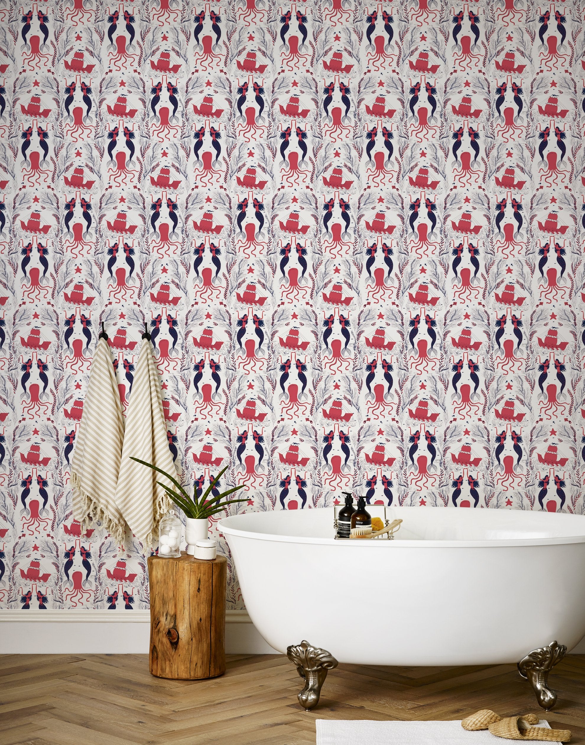 Mermaids (Red Coral) wallpaper | Mermaids, fish, octopi and ships float in this charming design | Coral Red and Navy artwork