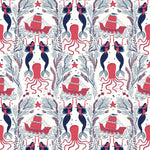 Mermaids (Red Coral) wallpaper | Mermaids, fish, octopi and ships float in this charming design | Coral Red and Navy artwork