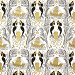 Mermaids (Gold) wallpaper | Mermaids, fish, octopi and ships float in this charming design | Gold and black artwork on an off white ground