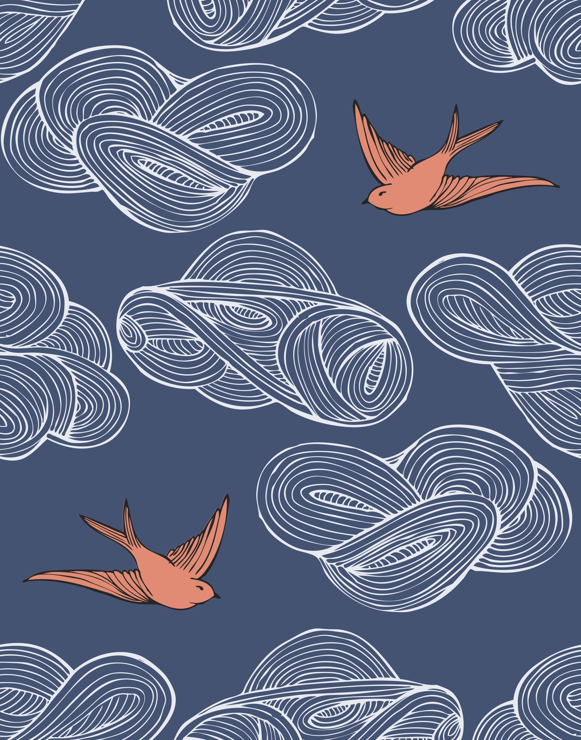 Daydream (Indigo) wallpaper features a pattern of flying birds and floating clouds in orange white and blue