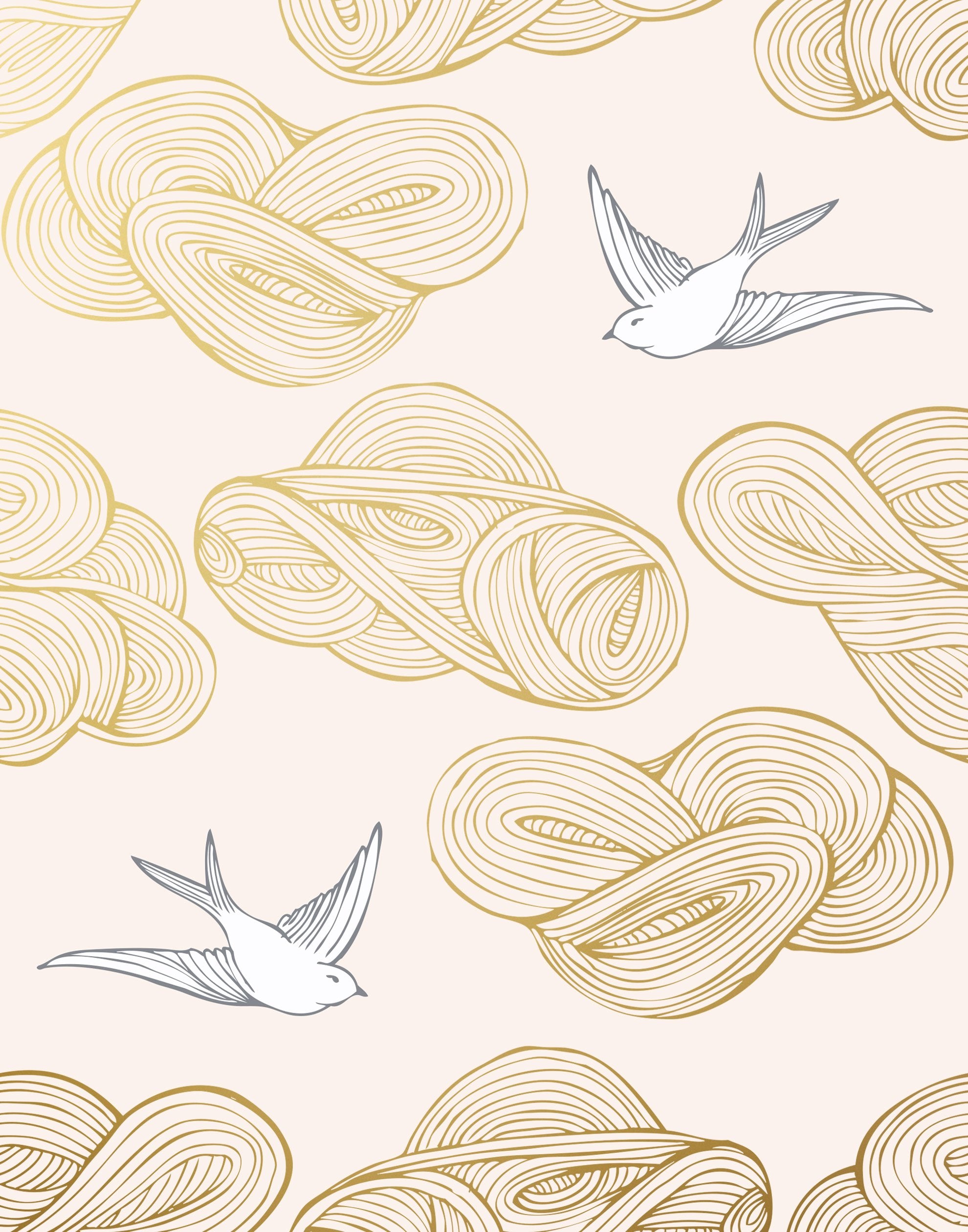 Daydream (Blush) features a pattern of flying birds and floating clouds in metallic gold and white on pink 