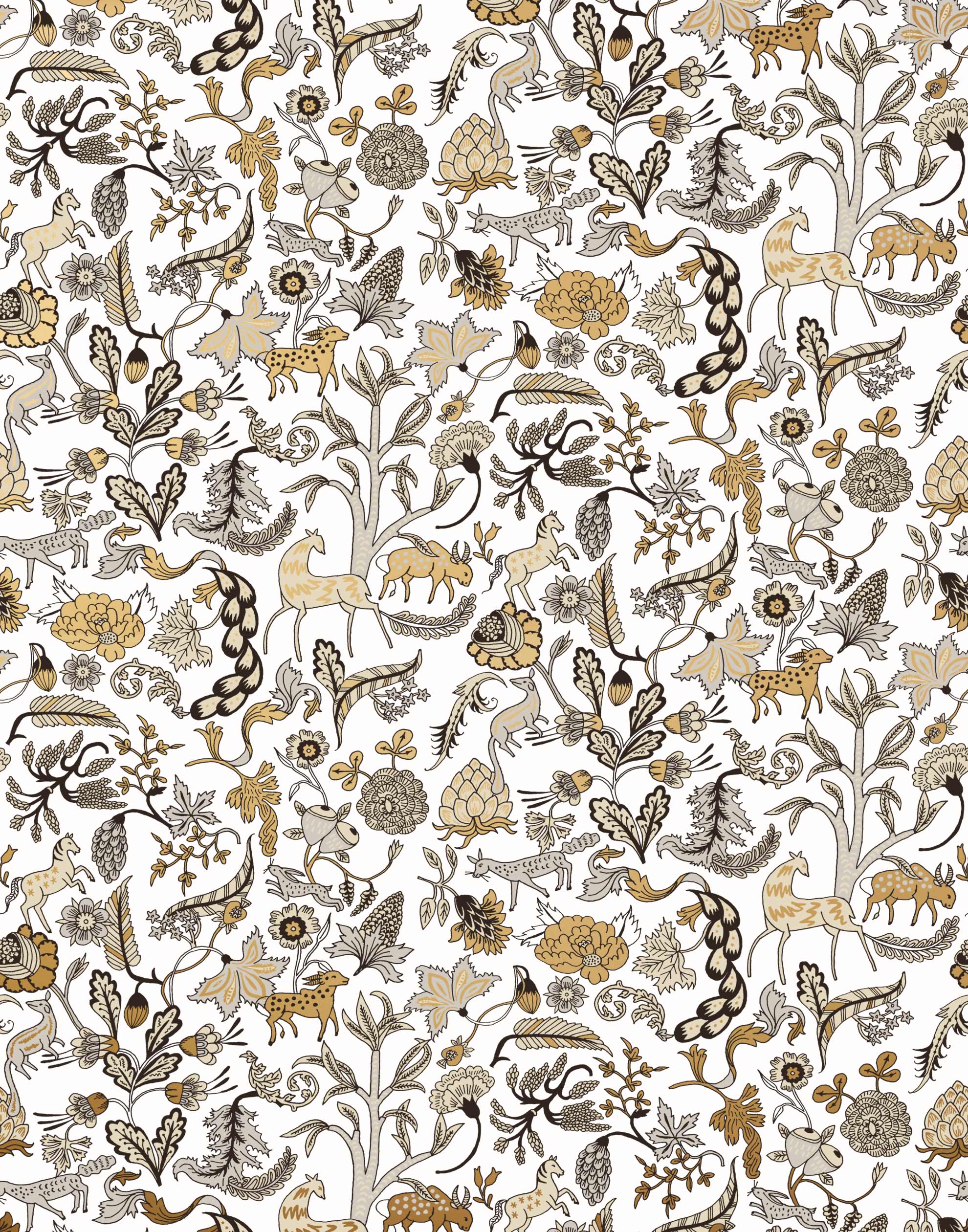 Foret (Gold) features magical animals and flowers in metallic gold, tan and gray on white designed by Julia Rothman