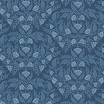 Symmetry wallpaper is a stylized floral wallpaper and designed in linocut style by Katharine Watson for Hygge & West | Light blue flowers on a navy blue wallpaper background.