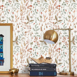 Sonoma (White) wallpaper with rust, green and brown flowers and leaves on a true white background