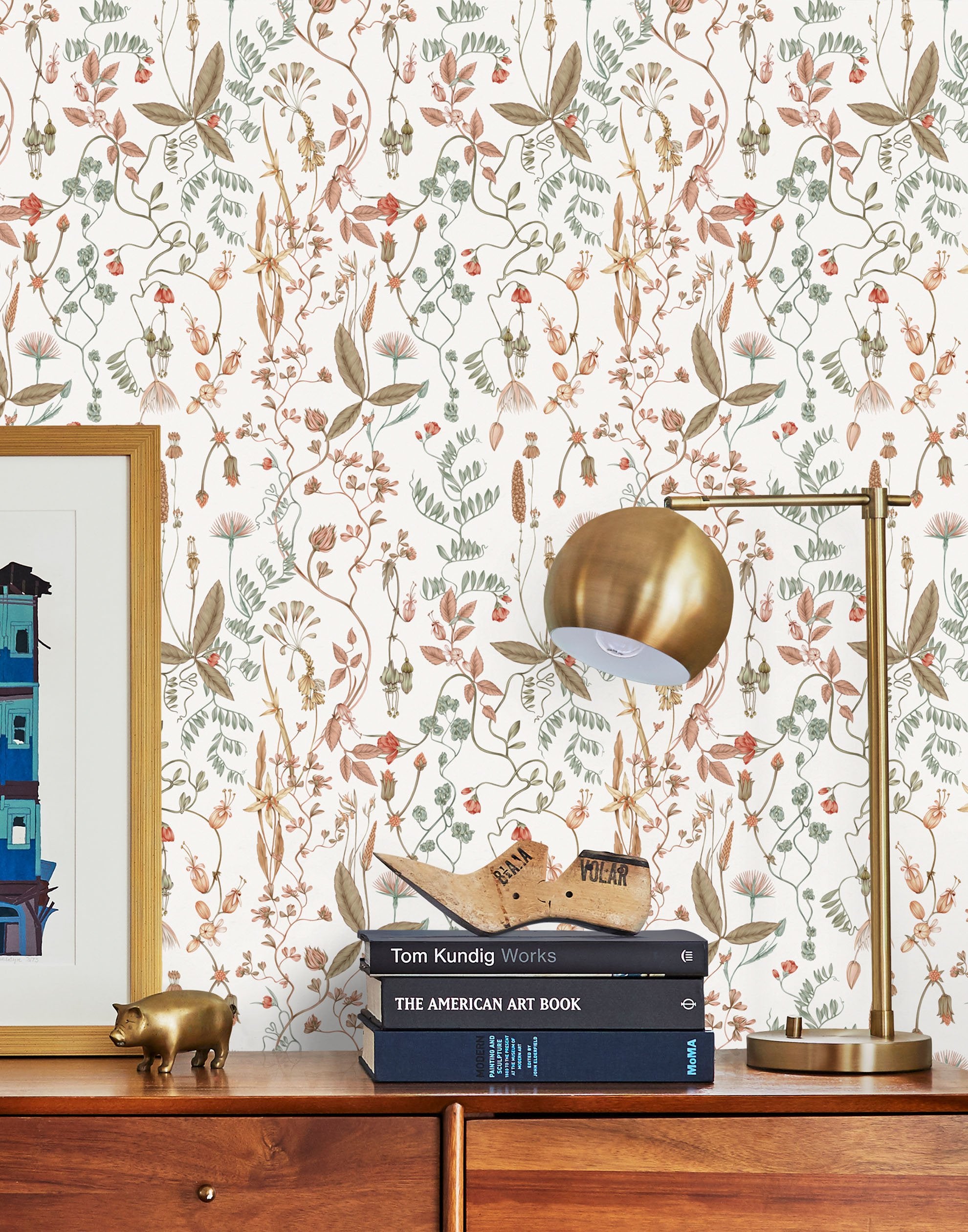 Sonoma (White) wallpaper with rust, green and brown flowers and leaves on a true white background