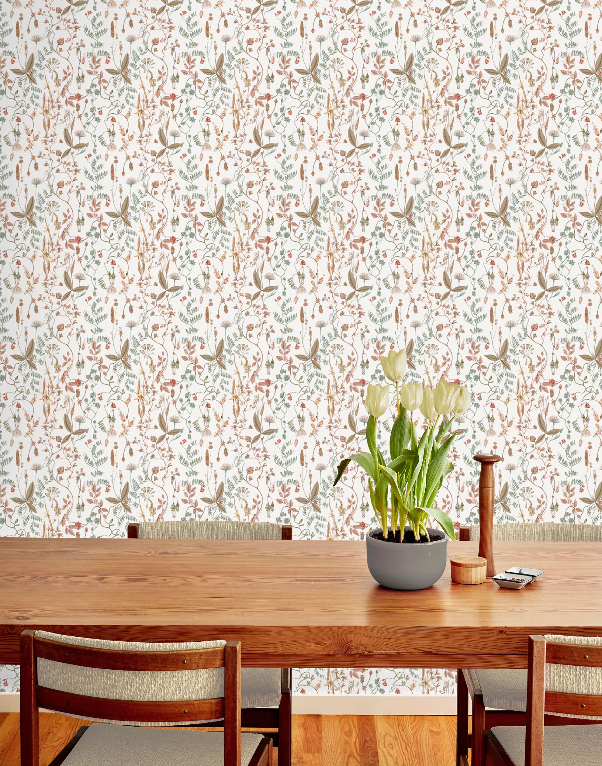 Sonoma (White) wallpaper with rust, green and brown flowers and leaves on a true white background