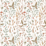 Sonoma (White) wallpaper with rust, green and brown flowers and leaves on a true white background