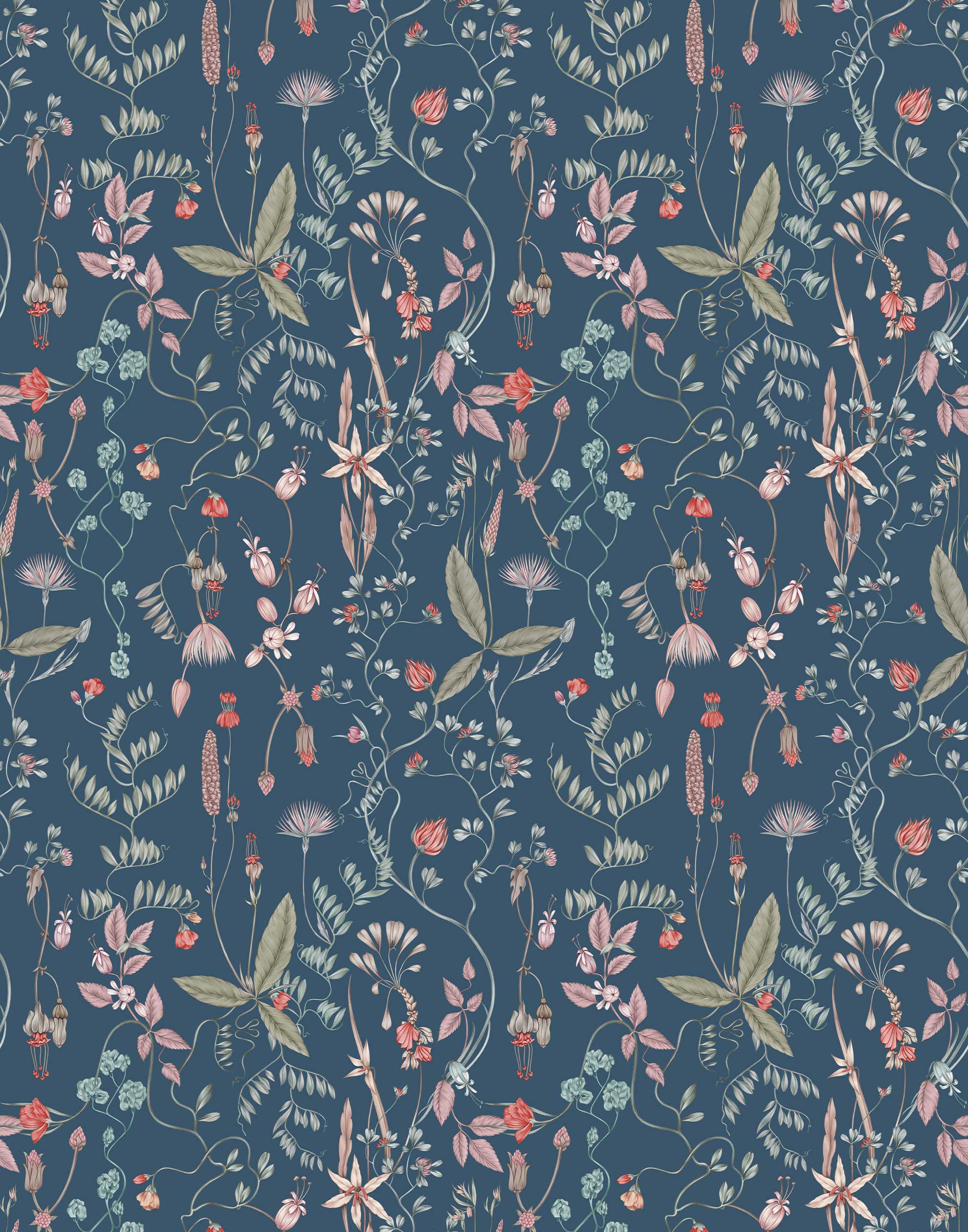 Sonoma (Indigo) wallpaper with green, mauve, coral and pink flowers and leaves on a blue background