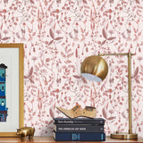Sonoma (Blush) wallpaper with shades of mauve and taupe flowers and leaves on a pink background