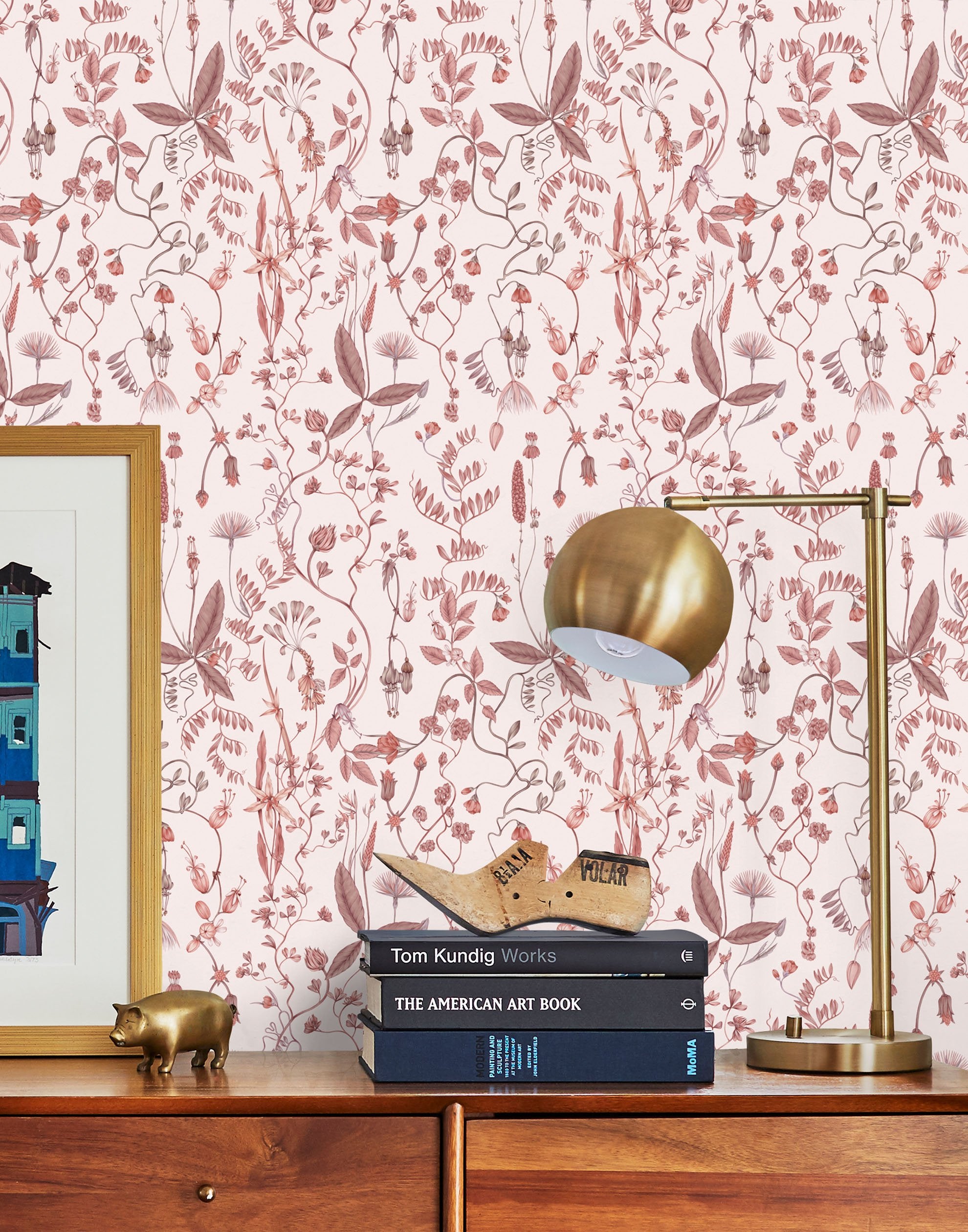Sonoma (Blush) wallpaper with shades of mauve and taupe flowers and leaves on a pink background
