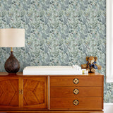 Secret Garden (Robin Egg) wallpaper features shades of green, blue and brown plants, birds and butterflies on a robin egg blue background