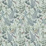 Secret Garden (Robin Egg) wallpaper features shades of green, blue and brown plants, birds and butterflies on a robin egg blue background