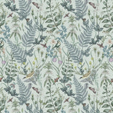 Secret Garden (Robin Egg) wallpaper features shades of green, blue and brown plants, birds and butterflies on a robin egg blue background