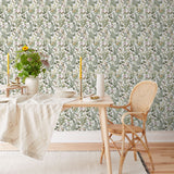 Secret Garden (White) wallpaper features shades of green, brown and pink plants, birds and butterflies on a true white background