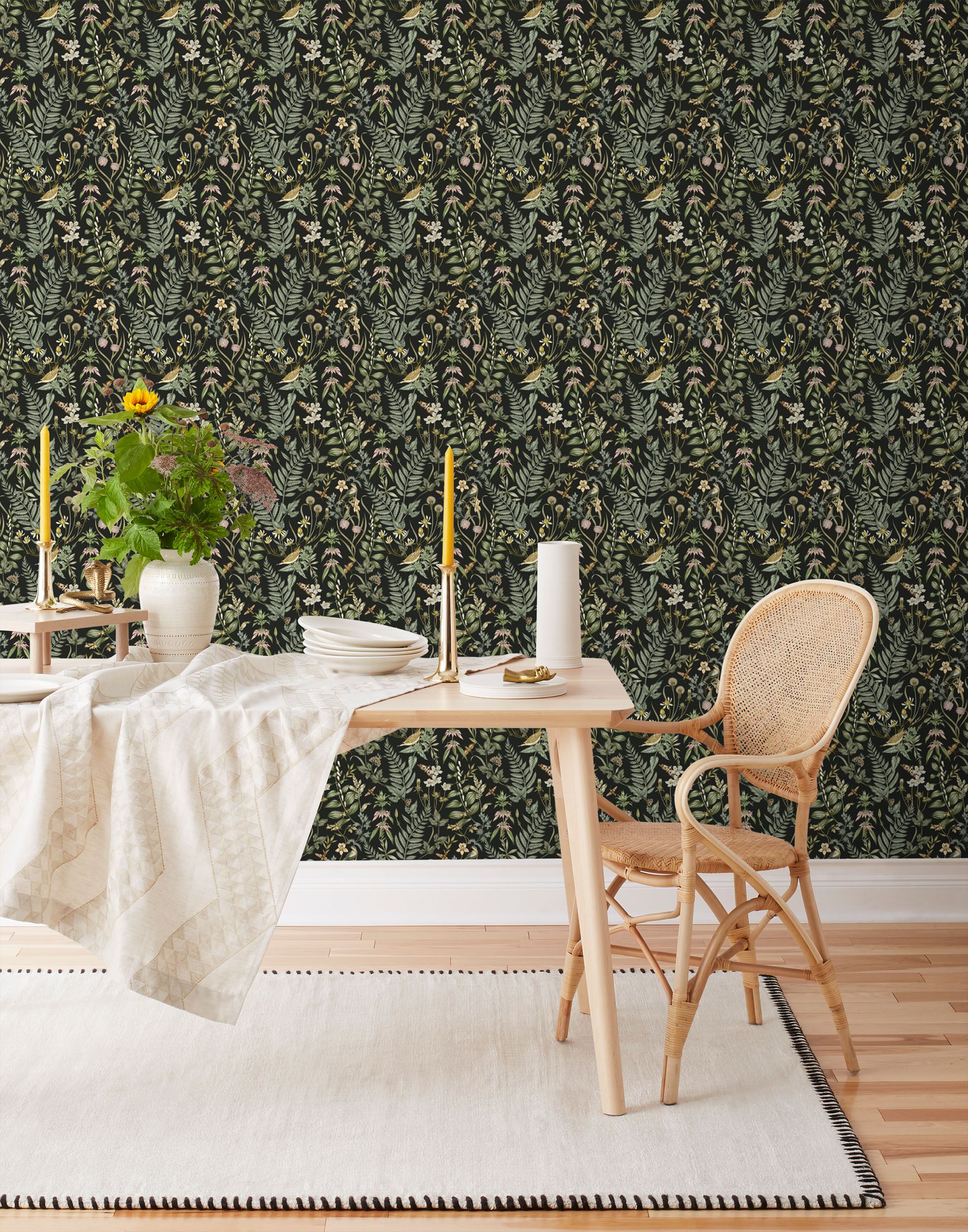 Secret Garden (Ebony) wallpaper features shades of green, pink and taupe plants, birds and butterflies on black background