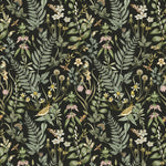 Secret Garden (Ebony) wallpaper features shades of green, pink and taupe plants, birds and butterflies on black background
