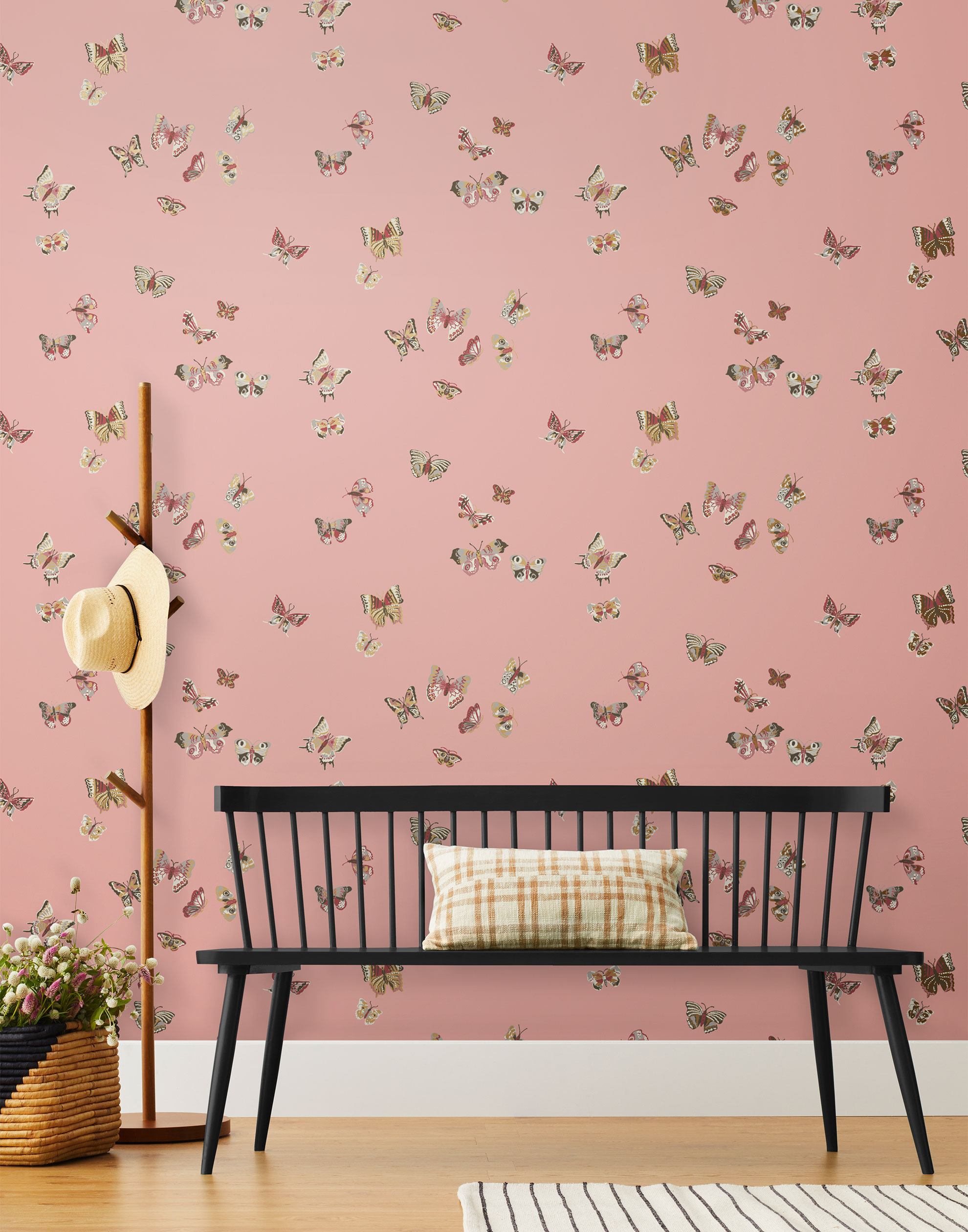Butterflies (Rose) featuring mauve, gray, and cream butterflies on a pink background | Nathalie Lete + Hygge & West