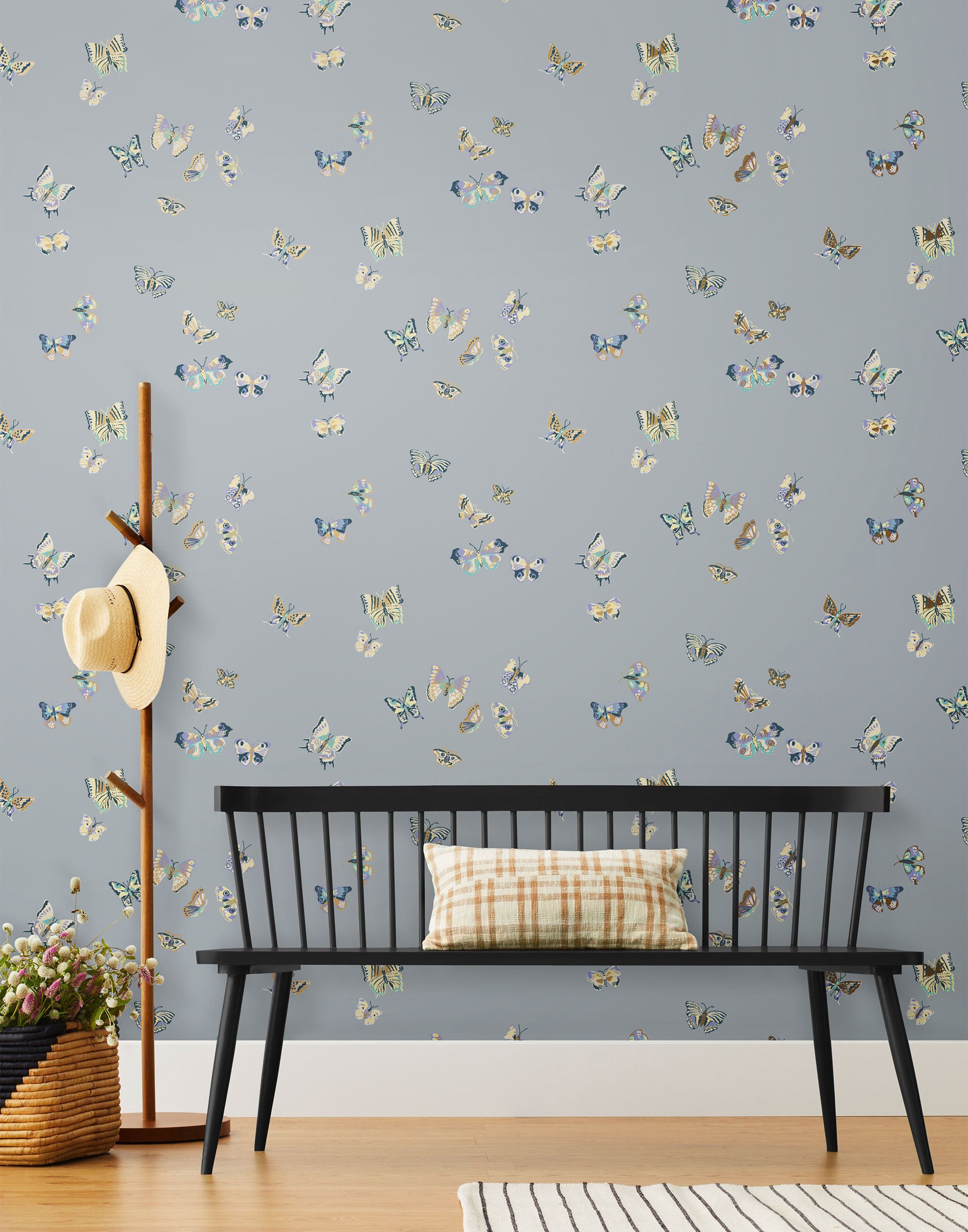 Butterflies (Mist) featuring blue, cream and lavendar butterflies on a dusty gray blue background | Nathalie Lete + Hygge & West