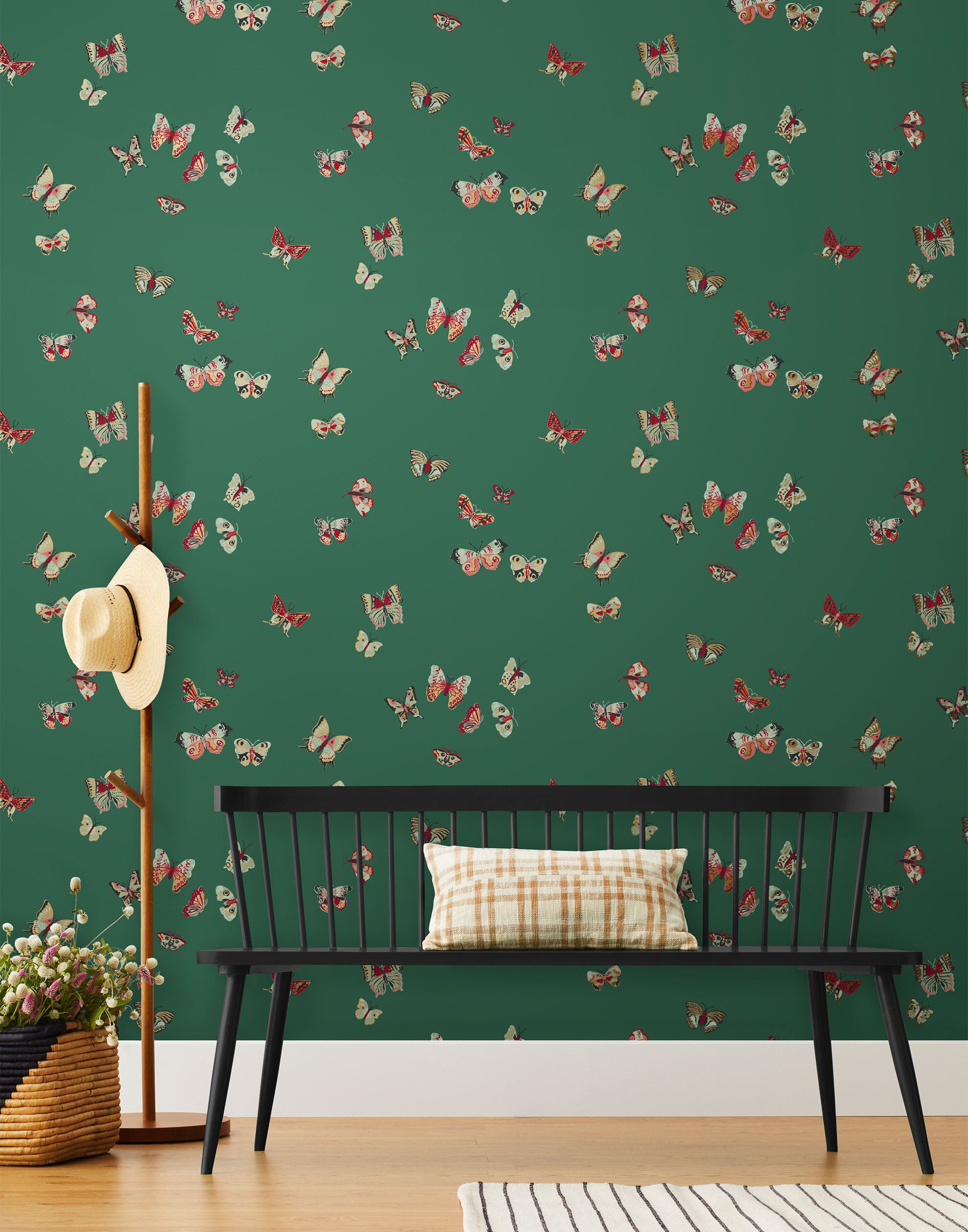 Butterflies (Malachite) featuring red, sage and yellow butterflies on a green background | Nathalie Lete + Hygge & West