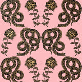 Serpentine (Punch) Wallpaper featuring black and metallic gold snakes and flowers on a punchy pink background